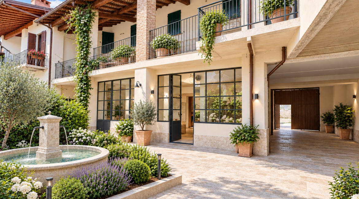Cortile italiano con fontana e balconi verdi