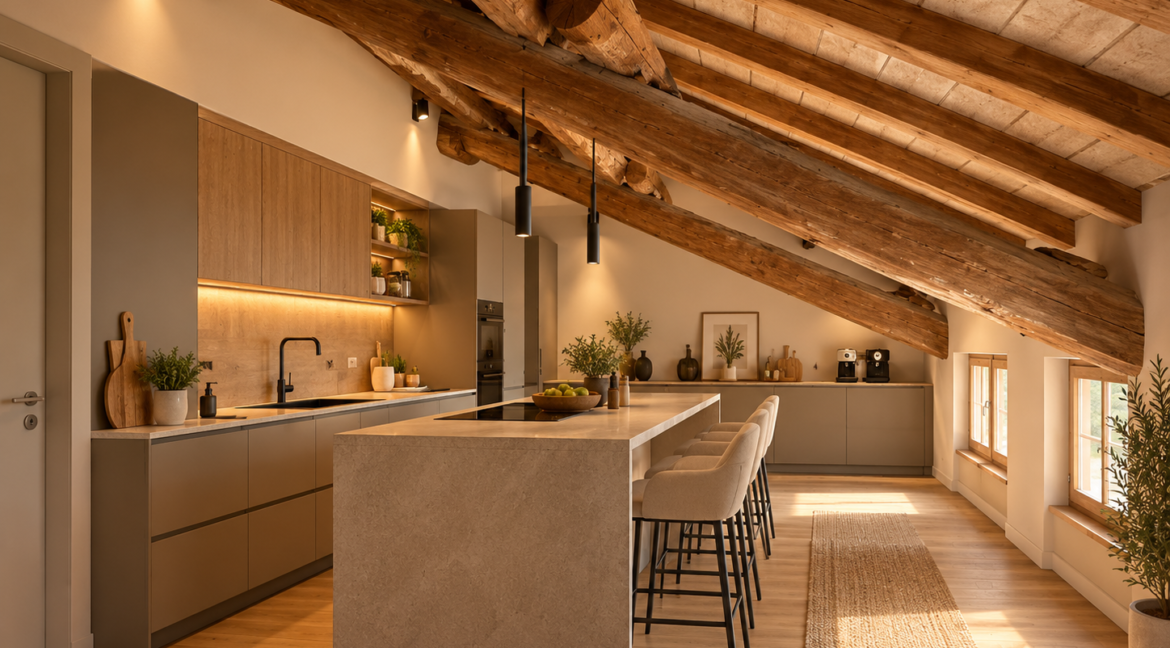 Cucina rustica moderna in mansarda
