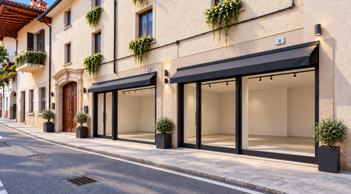 Facciata elegante con vetrine vuote n. 8 e 10